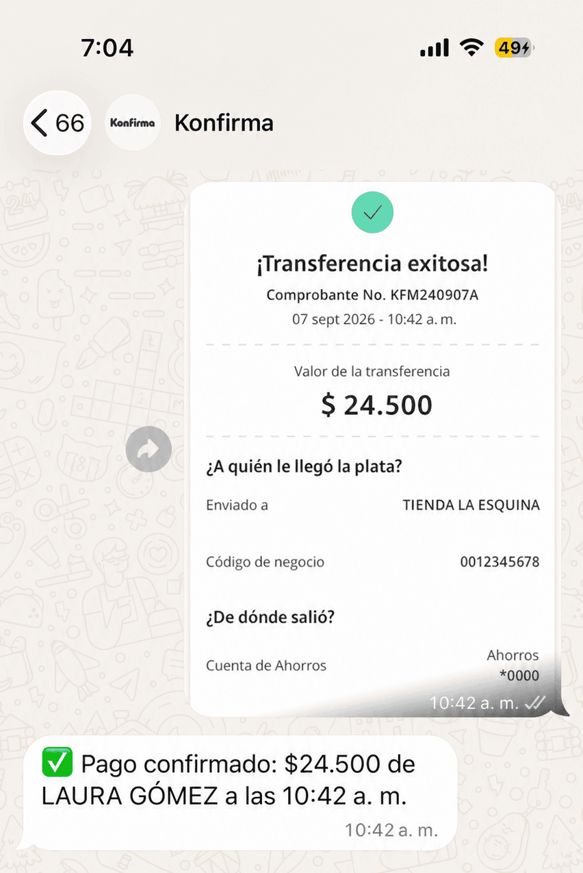 Comprobante enviado al chat de Konfirma